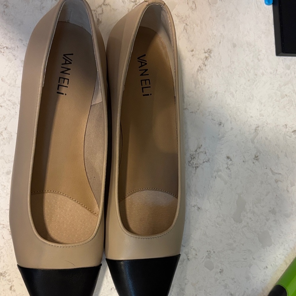 Vaneli Beige Flats with Black Cap-Toe